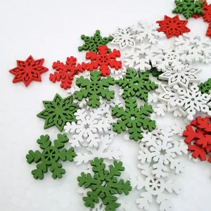 Wooden snowflake buttons for Christmas DIY crafts, 25mm colorful wooden decorative pieces.