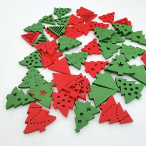 Wooden Christmas tree buttons detail view, red and green DIY craft accessories for holiday.