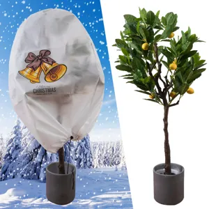 Non-woven plant frost protection cover with Christmas bell print and tree winter freeze guard bag.