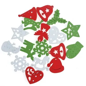 Mixed Christmas wooden buttons set, assorted festive shapes like stars and trees for crafts.
