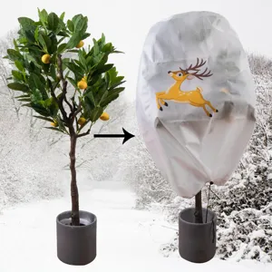 Winter plant freeze protection cover with elk print for outdoor potted trees and garden plants.