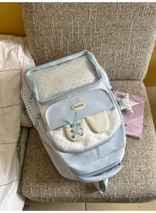 Light blue polka dot backpack cute large capacity school bag for girls student daily use