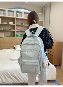 Light blue Korean style canvas backpack large capacity school bag for women daily travel use
