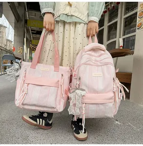 Pink striped canvas backpack and tote bag set for women, large capacity school bookbag.