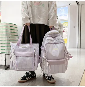 Purple gingham canvas backpack and tote bag set for school students spacious stylish