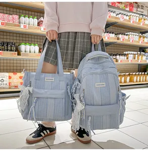 Blue striped backpack and tote bag set detailed shot showing style and capacity.