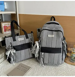 Black and white striped backpack and tote bag set large capacity daily casual school book bag