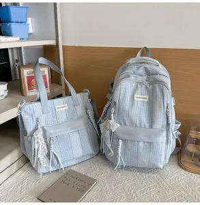 Blue and white plaid backpack and tote bag set, stylish canvas student school bag set.