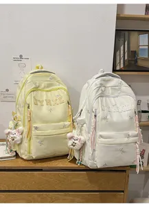 Casual large-capacity women's backpack with cute embroidered bows and plush bear pendant.