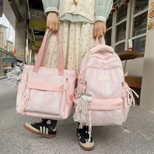 Women Nylon School Backpack Large Capacity Casual Striped Bookbag Stylish Student Daypack