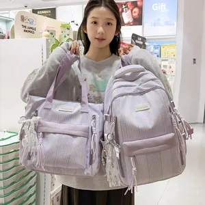 Light purple striped backpack and tote bag set for students, large capacity casual school bag.