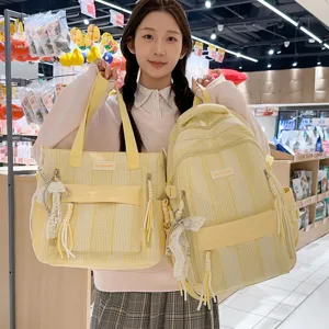 Cute yellow plaid school backpack and tote bag set for teenage girls, large capacity aesthetic daily use.