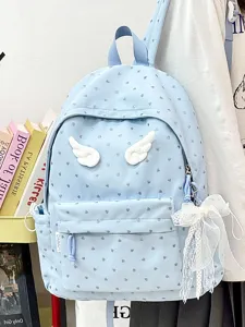Cute light blue backpack with angel wings and heart print, perfect for students daily use.