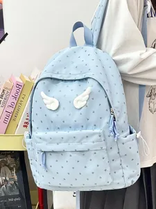 Cute light blue backpack with white angel wings and heart print for daily travel school.