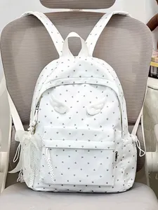 Cute white heart print backpack with plush wings and lace bow, casual school bag for girls.