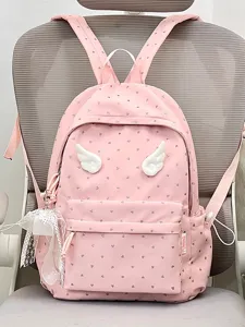 Pink cute backpack for teen girls, sweet heart print school bag with angel wings and charm.