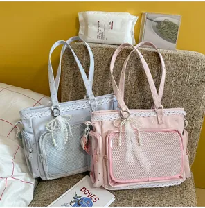 Ιαπωνικού στυλ διαφανής τσάντα ώμου shopper με δαντέλα πέρλες και αστέρια για γυναίκες.