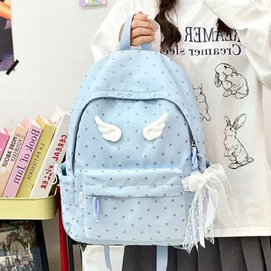 Cute Heart Print Nylon School Backpack Waterproof Casual Travel Bookbag With Angel Wings For Students Women
