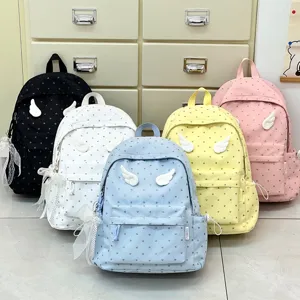 Cute heart print school backpack for girls, stylish student book bag with angel wings