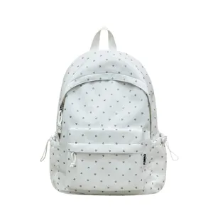 White canvas backpack for women girls cute heart print casual school daypack travel bookbag