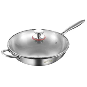 Wok in Acciaio Inossidabile Non Rivestito in Stile Cinese Padella da Cucina Con Coperchio E Paletta