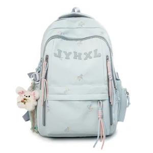 Sea salt style casual large capacity backpack with cute bow embroidery and plush bear pendant.