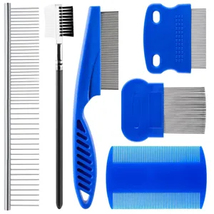 Detailed view of 6 pieces pet flea comb set, professional dog and cat grooming tools.