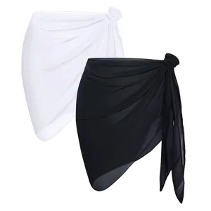 Damen einfarbige Chiffon Strand Wickelrock Sarong Bikini Cover Up in Weiß und Schwarz.
