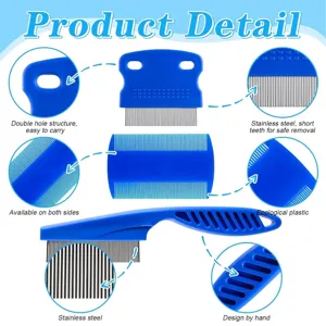 Close-up detail view of blue pet flea comb showing stainless steel teeth and design.