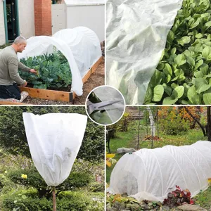Garden non-woven plant frost protection cover detail showing breathable fabric and garden setup.