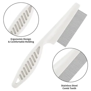 Ergonomic pet flea comb with fine stainless steel teeth and comfortable plastic handle.