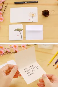 Chinese style greeting card detail showing elegant lotus illustration and blank envelope.