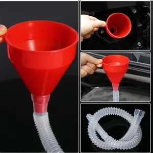 Plastic car oil funnel with flexible extension tube for easy engine fluid refilling and maintenance.