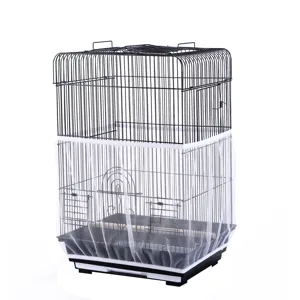 Detail view of white mesh bird cage cover skirt, breathable seed catcher for parrots