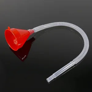 Flexible plastic funnel extension tube detail showcasing translucent corrugated hose design.