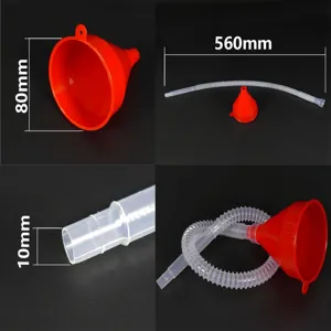 Plastic oil funnel set with flexible extension tube, ideal for automotive and motorcycle use.
