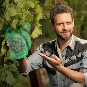 Gedetailleerd overzicht van groene fruitbeschermingsnetzak voor wijnstokdruiven tegen vogels.