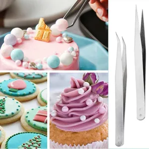 Stainless steel cake decorating tweezers set, curved and straight tips for precision baking.