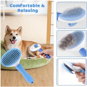 Pet grooming slicker brush with self-cleaning button, blue and white cat and dog brush.