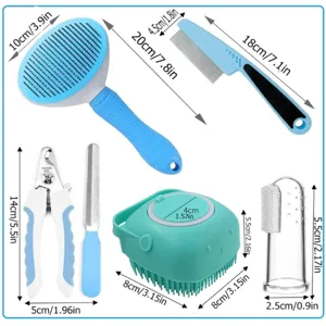 Detailed size specifications of pet grooming tool set including brushes, clippers, and nail files.