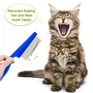 Huisdier vlooienkam met roestvrijstalen tanden en blauwe handgreep voor katten.
