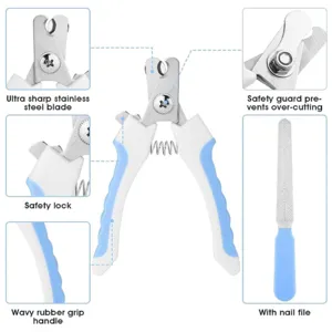 Close-up detail view of pet nail clipper showing sharp stainless blade and safety guard.