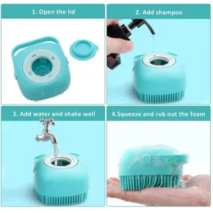 Silicone pet bath brush detail showing usage steps, soft bristles and liquid soap dispensing.