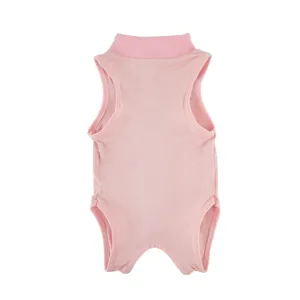 Pink pet recovery suit for cats, sleeveless turtleneck design, breathable post-surgery wear.