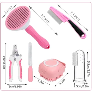 Pet grooming kit 7-piece set with slicker brush, comb, nail clipper, and bath brush for dogs.