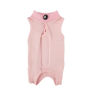Close-up detail of the pink pet post-surgery recovery suit showing velcro and buckle.