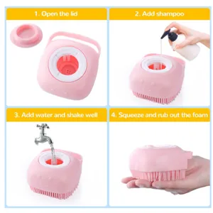 Silicone pet shampoo brush step-by-step detail view showing easy liquid foaming operation.