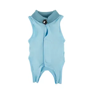 Breathable blue pet recovery suit for cats post surgery, comfortable anti licking kitten clothes.