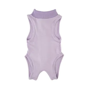 Detailed view of lavender pet cat recovery suit, breathable post-surgery anti-licking wear