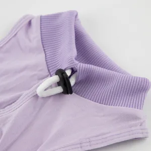 Close-up detail of the purple cat recovery suit collar, featuring adjustable white drawstring.
